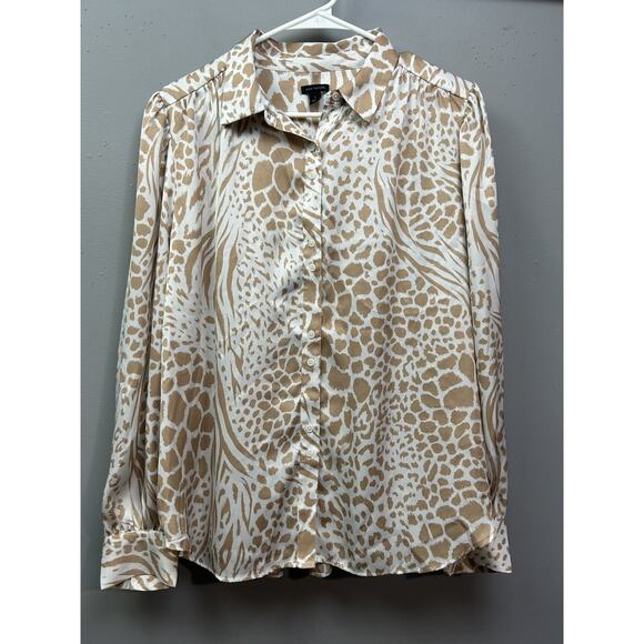Ann Taylor Shirt Womens Large Beige White Animal Print Button Up Long Sleeve Top - Picture 1 of 7